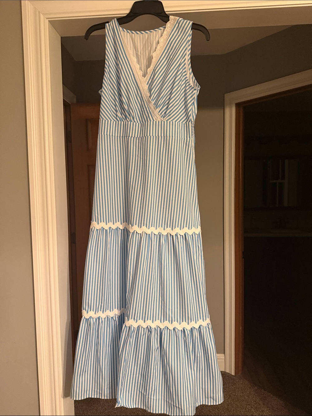 Blue and White Striped Sleeveless Lace-Trim Dress